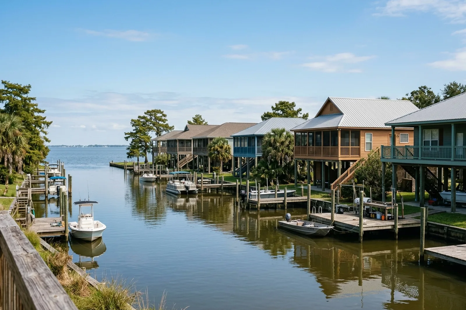 Elevated waterfront homes along a canal