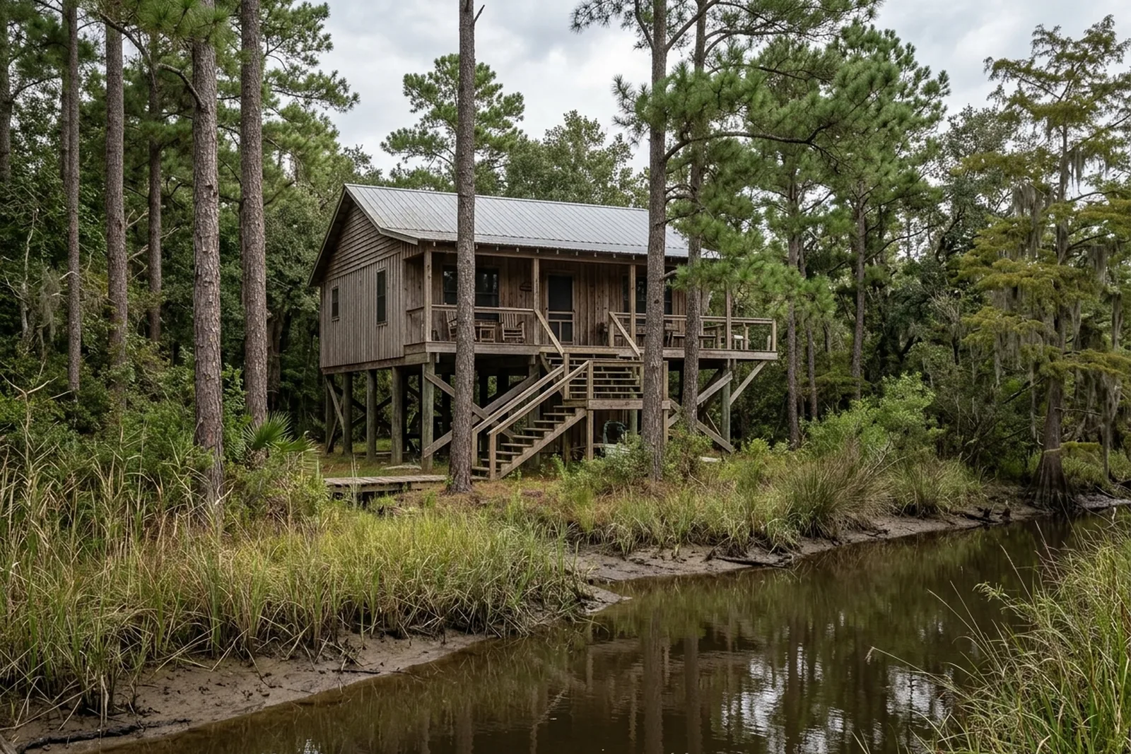 Raised home on pilings near a Louisiana bayou