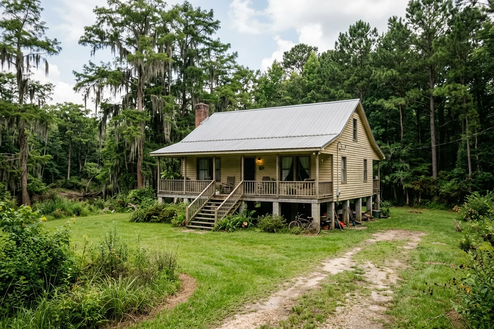 Raised rural home near a wooded river bottom
