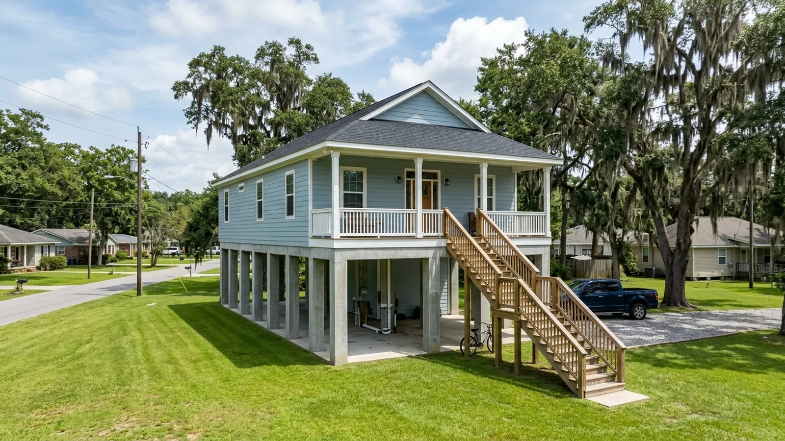 Elevated Louisiana home on tall concrete piers in a Slidell neighborhood