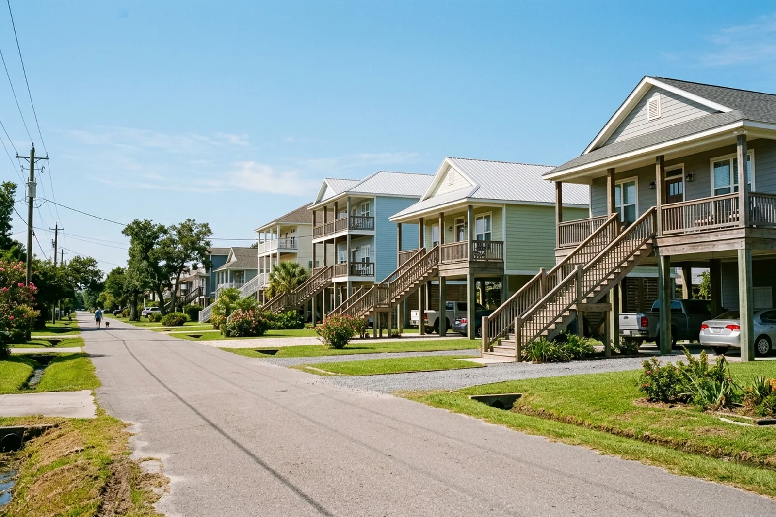 Row of elevated homes on piers in a Louisiana flood zone