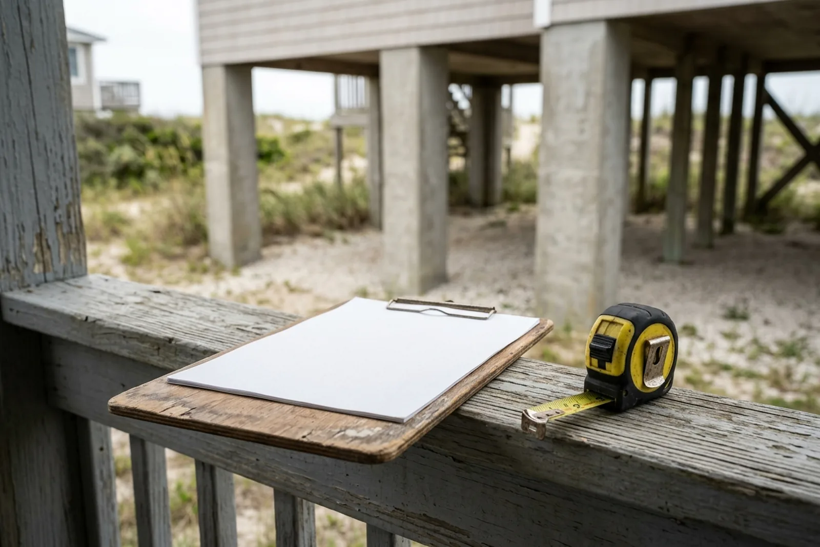 Clipboard and tape measure on a porch railing in front of a raised home
