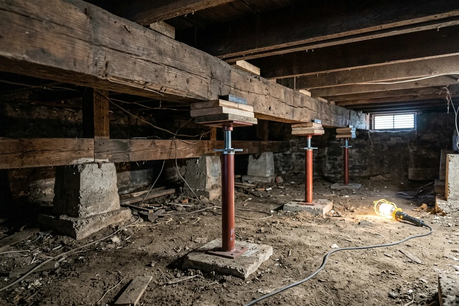 Crawlspace with new jack posts supporting floor beams during house leveling