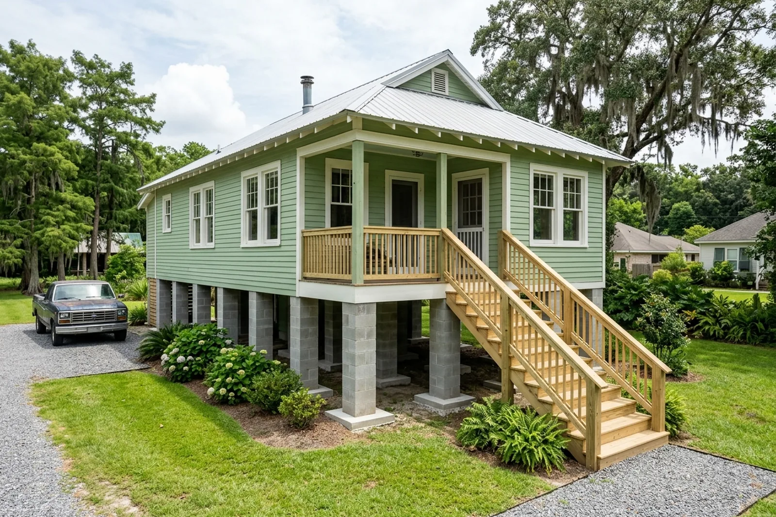 Raised wooden cottage set on new concrete piers
