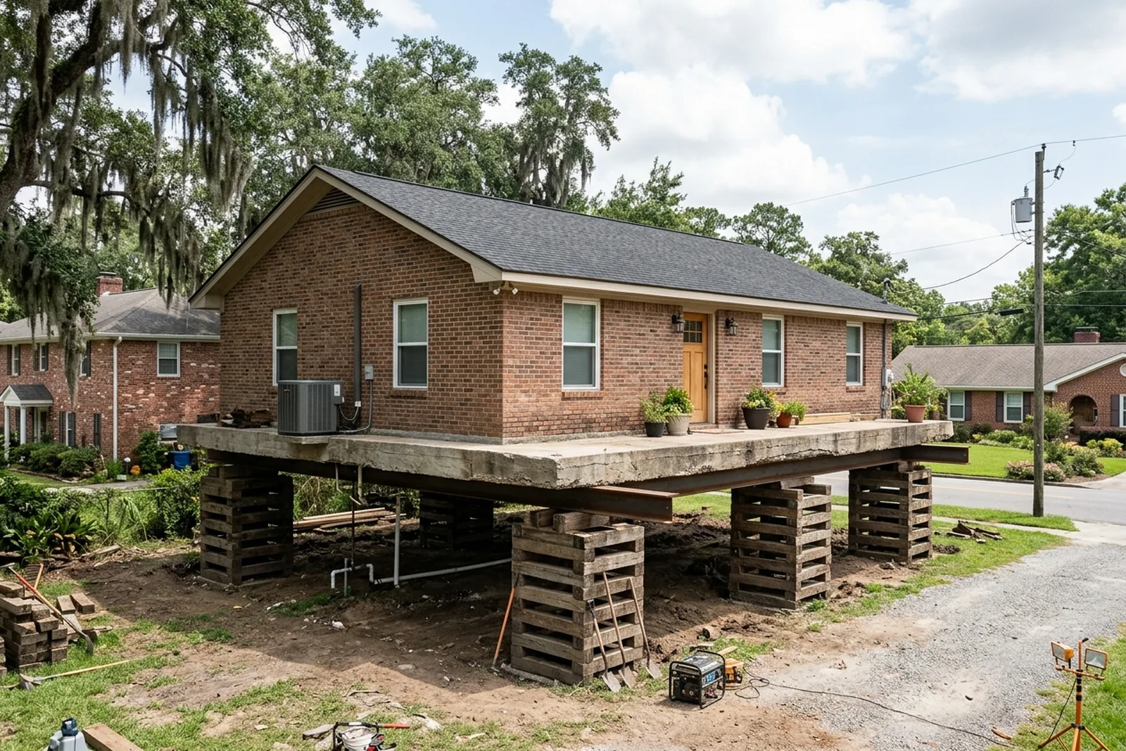 Brick slab home lifted on steel beams and cribbing